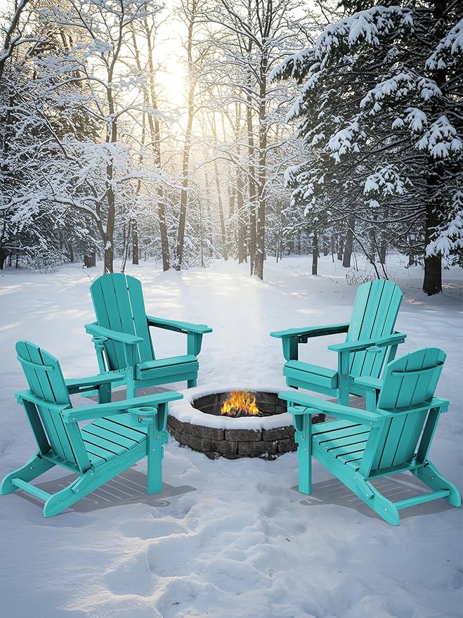 KINGYES Folding Adirondack Chair with Dual Cup Holders - HDPE All-Weather Outdoor Chairs, Wood-Like Patio Chair for Backyard, Camping, Pool & Fire Pit, Aruba