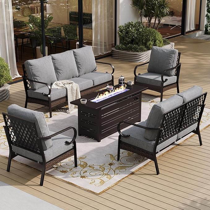 SUNSHINE VALLEY 5 Piece Metal Outdoor Patio Furniture Sets with Firepit Table, Patio Conversation Sets 1 3-Seater Sofa, 1 2-Seater Loveseat, 2 Single Sofa with 5.75" Cushion for Backyard Deck, Gray
