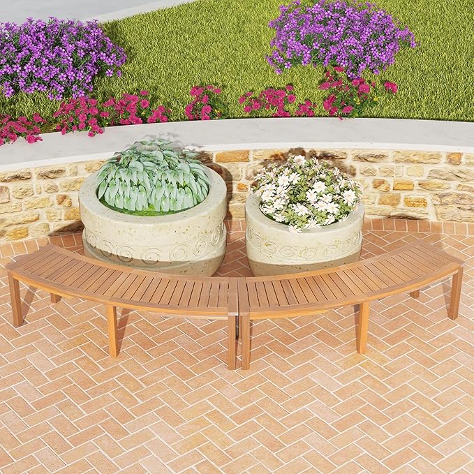 RELAX4LIFE Wooden Outdoor Curved Bench - Acacia Wood Garden Bench w/Slatted Seat, 2-Person Outside Backless Seating for Porch Backyard Deck Park, 800 LBS Load Capacity, Patio Fire Pit Bench (2, 58'')
