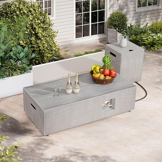 Dineli 2-Piece Outdoor Propane Fire Pit Table Set w Tank Table 48'' Rectangular Firepit Gas Fire Pits for Outside Patio Fire Table Tabletop Fire Pits, 50,000 BTU, Light Gray