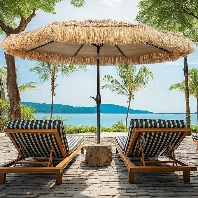 8FT Tiki Umbrella, Beach Umbrella UV-Stability, Outdoor Patio Umbrella Hawaiian Style 8 large Ribs, Thatched umbrellas with Push Button Tilt and Crank Lift for Tiki Bar, Pool, Beach, Natural