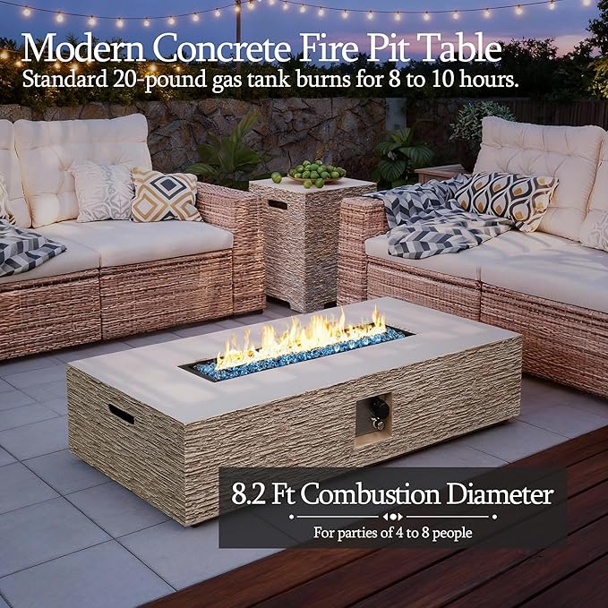 UPHA 56-inch Outdoor Propane Gas Fire Pit Table 50000 BTU Concrete Round FirePit for Outside Patio with Propane Tank Cover, Blue Glass Rocks, Rain Cover, Beige Texture