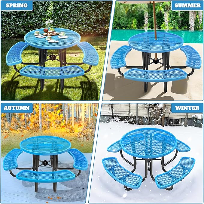 46" Round Top Outdoor Picnic Table Set for Up to 8 Persons, Outside Table Set with 4 Built-in Benches, Metal Commercial-Grade Dining Furniture with Umbrella Hole for Garden, Backyard, Porch, Blue
