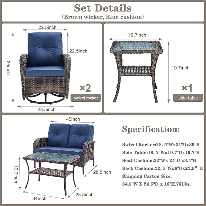 Belord Patio Wicker Furniture with Swivel Rocker Chairs Loveseat, 5 Piece Rattan Furniture Outdoor Table and Chairs Set for Patio Deck Porch Backyard