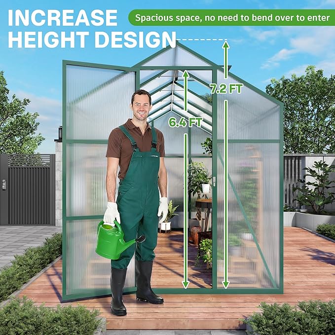 Greenhouse for Outdoors 6.1x4.1x7.2 FT, Polycarbonate Greenhouses with Roof Vent, Lockable Door and Ground Nails, Heavy-Duty Aluminum Walk-in Green House, Large Sunroom for Garden, Green