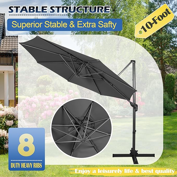 Sunnyglade 10Ft Cantilever Patio Umbrella, 360° Rotation & Integrated Tilting System Offset Umbrella with 8 Sturdy Ribs, Fade-resistant & Waterproof for Garden Backyard Poolside Deck