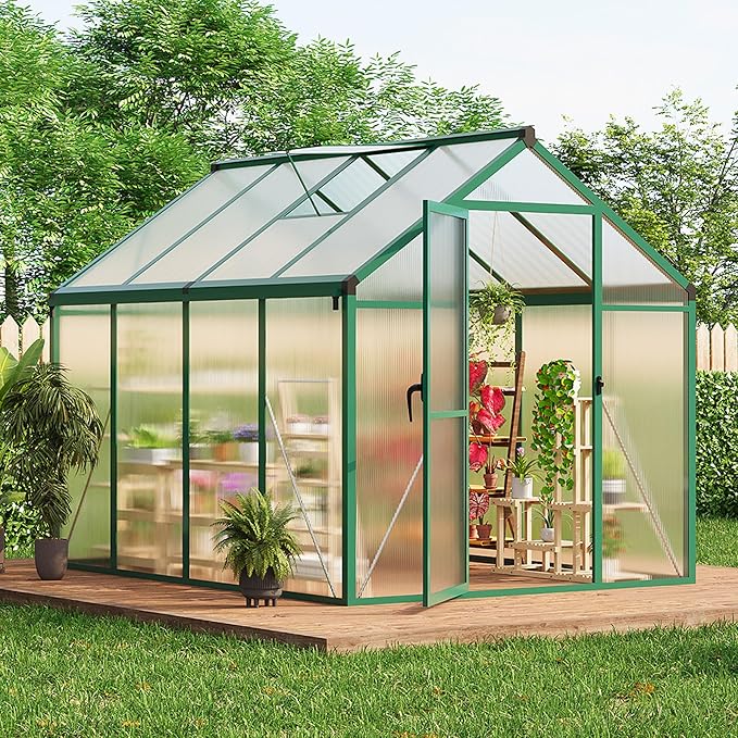 6 x 8 ft Greenhouse, Greenhouses for Outside, Polycarbonate Greenhouse with Aluminum Frame, Lockable Door and Ajustable Roof Vent for Backyard, Green Houses for Outside Garden Backyard, Patio