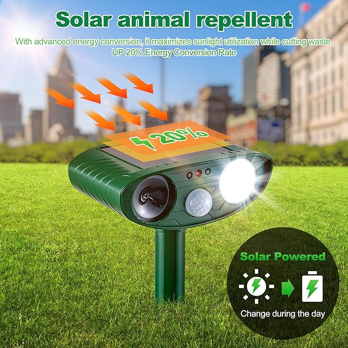 2 Pack Outdoor Solar Animal Repeller - Ultrasonic & Strobe Light, Deterrent for Cats, Dogs, Raccoons, Rabbits, Skunks, Foxes & More