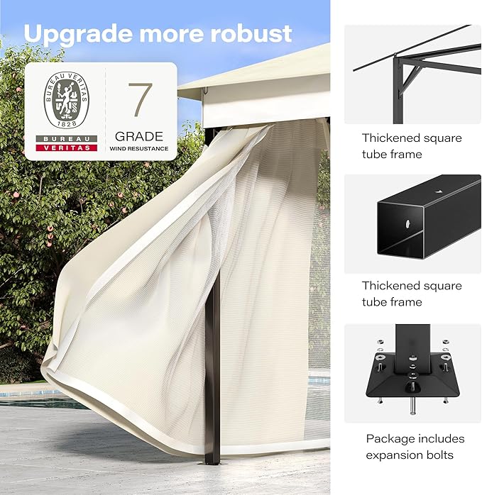 LAUSAINT HOME Gazebo 10x13ft, Heavy Duty Patio Gazebo with Expansion Bolts, Party Canopy Tent with Double Roofs, Mosquito Nettings and Privacy Screens for Backyard, Garden, Lawn, Cream White