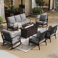 SUNSHINE VALLEY 6 Piece Black Metal Outdoor Patio Furniture Sets with Firepit Table, Patio Conversation Sets 1 3-Seater Sofa, 2 Leg Sofa and 2 Rocking Chair with 5.75" Cushion for Backyard Deck, Gray