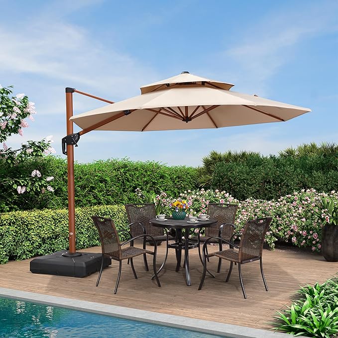 PURPLE LEAF 10ft Patio Umbrella Outdoor Round Umbrellas Large Cantilever Umbrella Windproof Offset Umbrellas Heavy Duty Sun Umbrella for Garden Deck Pool Patio, Beige