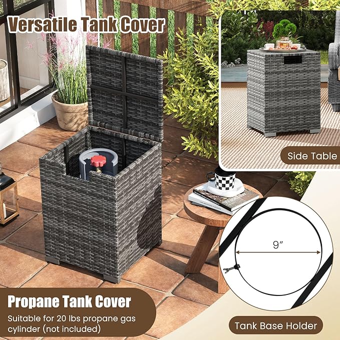Tangkula 2 Piece Propane Fire Pit Table Set with Tank Cover, Outdoor Rattan Gas Firepit with Lid, Tempered Glass Tabletop, Protective Cover, 40,000 BTU Rectangle Fire Table Set for Outside (Mix Gray)
