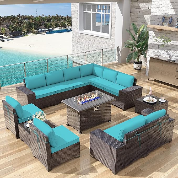 Kurapika 13 Pieces Patio Furniture Set, Rattan Wicker Outdoor Conversation Sets w/43in Propane Fire Pit Table(Blue)