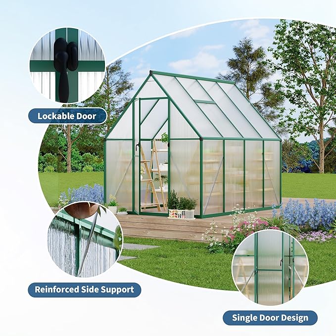 GAOMON 6x7 FT Outdoor Greenhouse with Roof Vent - Heavy Duty Aluminum Polycarbonate Greenhouse, Easy Assembly, Lockable Door, for Patio, Backyard, Garden
