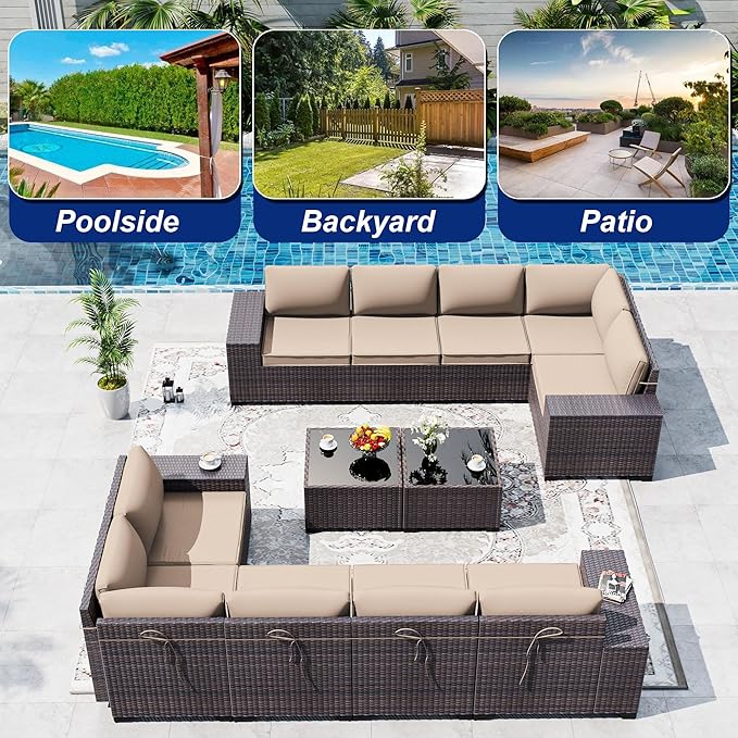 Outdoor Patio Furniture Set, 12 Pieces Outdoor Sectional Furniture High Backrest Patio Sofa, All-Weather PE Rattan Patio Conversation Set with Coffee Table & Cushions(Brown).