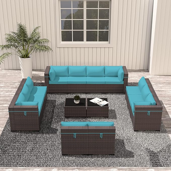 Outdoor Patio Furniture Set, 14 Pieces Outdoor Sectional Furniture Patio Sofa, All-Weather PE Rattan Patio Conversation Set with Tempered Glass Top Table & Cushions(Teal).