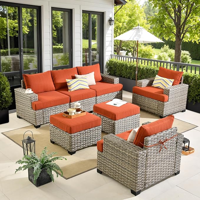 HOOOWOOO Outdoor Sectional Patio Furniture Set,7 Pieces Wicker Conversation Sets,Extra Deep Out Door Sofa Outside Furniture Couch with Ottoman,Brick Red