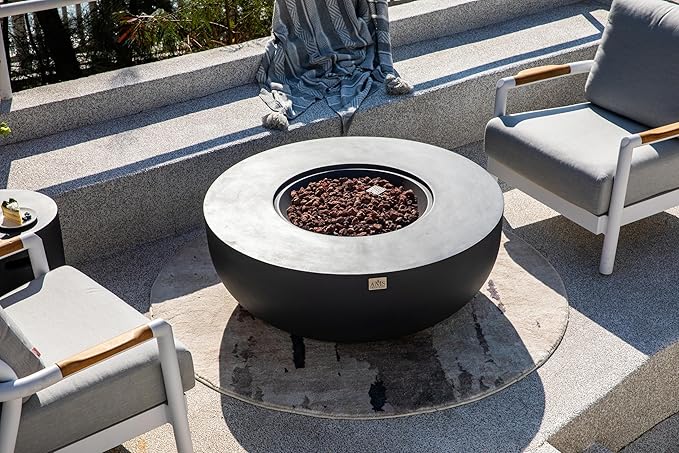 AMS Creations | Eclipse 44" Round Cast Concrete Propane Gas Fire Pit Bowl Table | Dark Gray | Smooth Texture Surface | Electronic Ignition | Outdoor Patio Heater Outside Backyard Fireplace