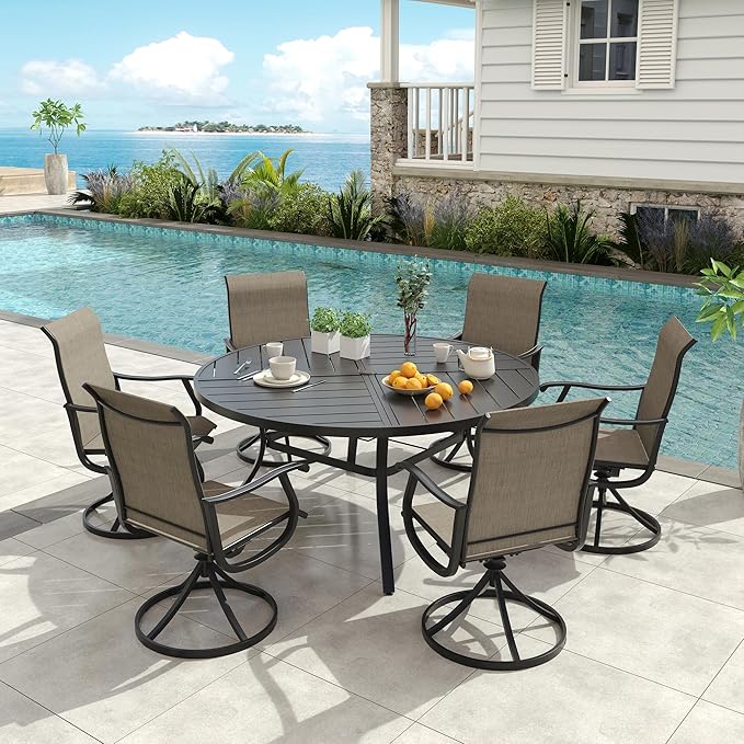 VICLLAX Round Patio Dining Table, 6 Person Metal Outdoor Dining Table with Umbrella Hole and Storage Shelf for Garden Lawn Deck, 50" Black