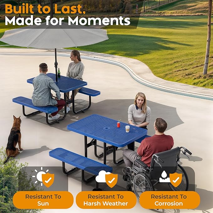 Commercial Heavy-Duty Metal Picnic Table - ADA Compliant, Adjustable Seats, Umbrella Hole, Expanded Metal (Blue, 4' Rectangular)