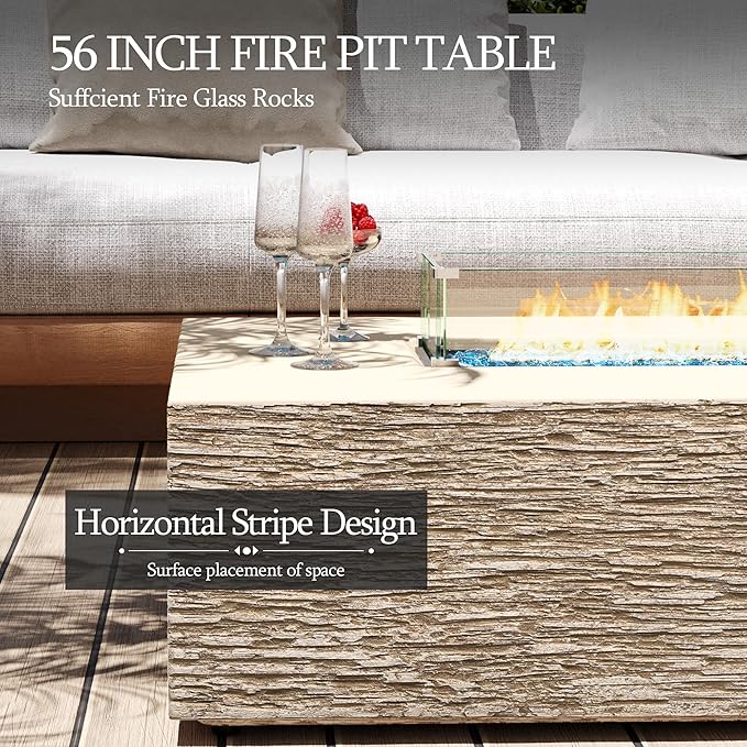 UPHA 56-inch Outdoor Propane Gas Fire Pit Table 50000 BTU Concrete Rectangle FirePit for Outside Patio with Propane Tank Cover, Wind Guad, Blue Glass Rocks, Rain Cover, Beige Texture
