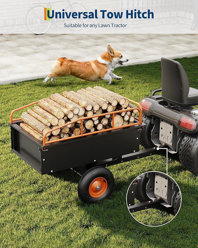 GarveeLife Heavy Duty ATV Trailer Steel Dump Cart, 750 LBS 15 Cubic Feet, Garden Utility with Removable Sides for Riding Lawn Mower Tractor