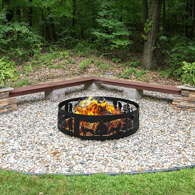 Sunnydaze 36-Inch Outdoor Fire Ring - Portable Metal Fire Pit Ring for Camping or Backyard - 360-Degree Wildlife Cutouts - Forest Wilderness