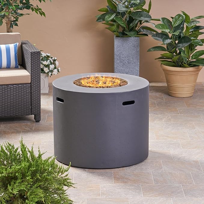 31-inch Round Magnesium Oxide Propane Gas Fire Pit Table - 40,000 BTU Outdoor Heater with Hidden Tank Space, Lightweight Concrete Patio Firepit for Backyard/Deck/Garden, Dark Grey