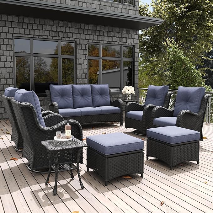 LayinSun 9 Pieces Outdoor Patio Furniture Set, Rattan Wicker Sectional Swivel Rocker Chairs Sets with Ottomans, Swivel Glider Chairs and Coffee Table