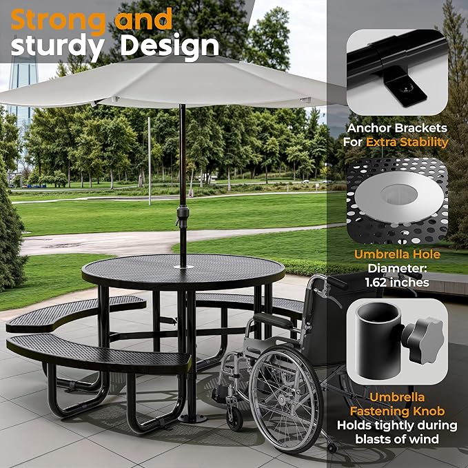 Metal Picnic Tables for Outdoors with Umbrella Hole - Coated Steel Heavy Duty Commercial Grade Furniture Set with Adjustable Seats (Black, 46 in, Round, Punched Steel)
