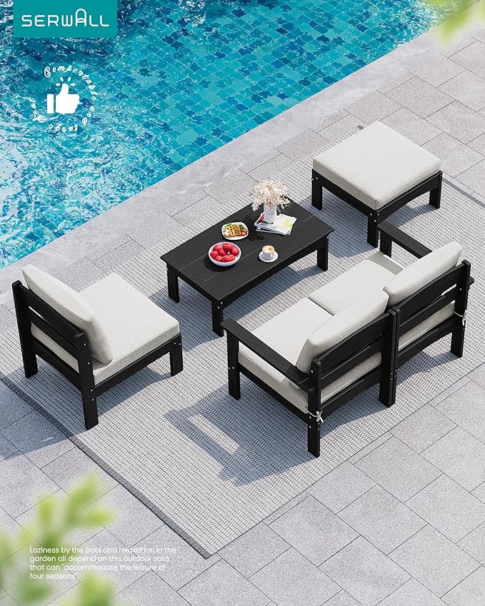 SERWALL 5-Piece Patio Sofas with 15FT Double Side Patio Umbrella, All-Weather HDPE Outdoor Sectional Sofa, Large Modular Patio Conversation Set for Garden, Deck, Porch, Black Frame with Khaki Cushion