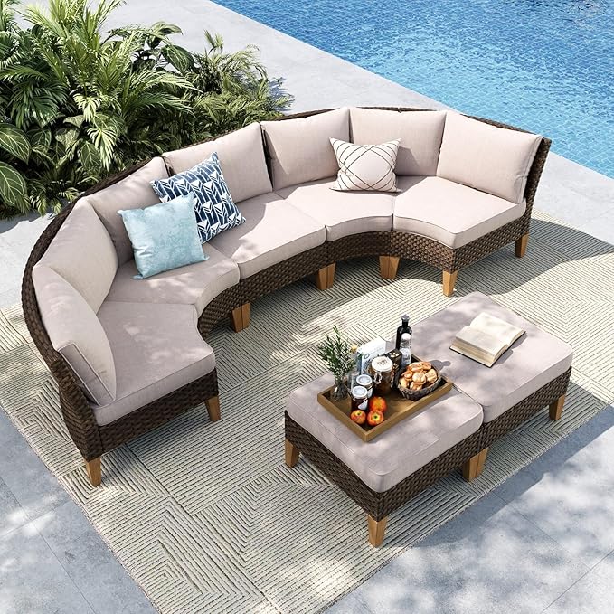 MFSTUDIO 7 Pieces Wicker Patio Furniture Set, All-Weather Rattan Outdoor Conversation Half-Moon Curved Sectional Sofa Set for Garden, 4 x Curved Sofa, 1 x Armless Couch, 2 x Ottomans