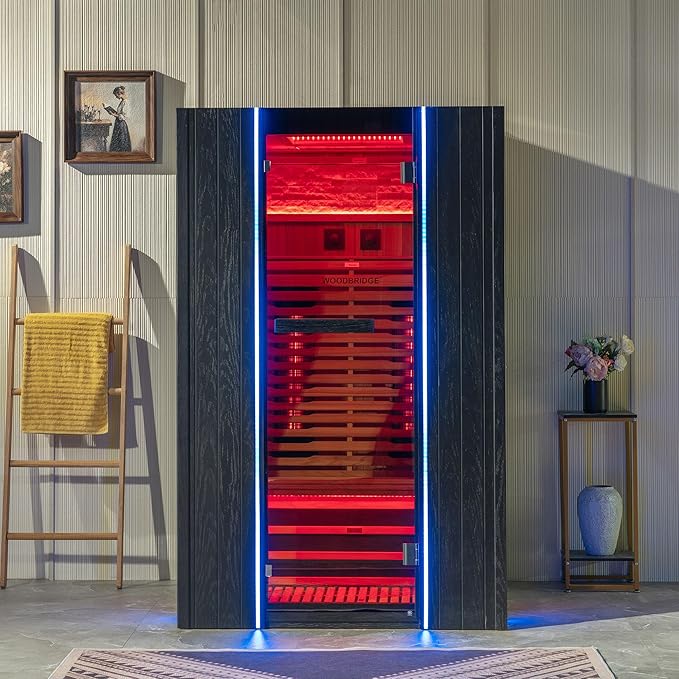 Woodbridge 2-Person Indoor FAR Infrared Black Sauna with WiFi-Enabled Smart Control, Crafted from Japanese Cedar – Features Red Light Therapy, Bluetooth Speaker, Chromotherapy Lighting