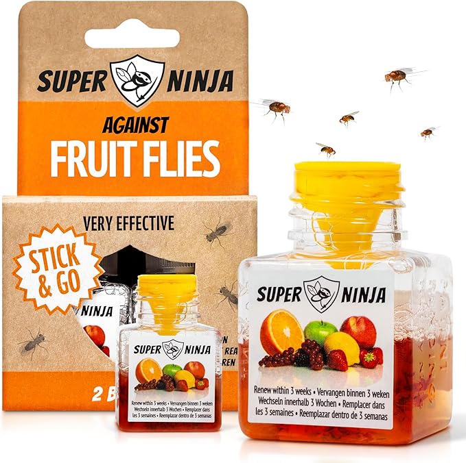 Super Ninja Fruit Fly Traps for Indoors - 2 Pack, Highly Effective Fruit Fly Catcher for Indoor Use for Home & Kitchen, Up to 3 Weeks of Performance per Bottle, Kid & Pet Friendly