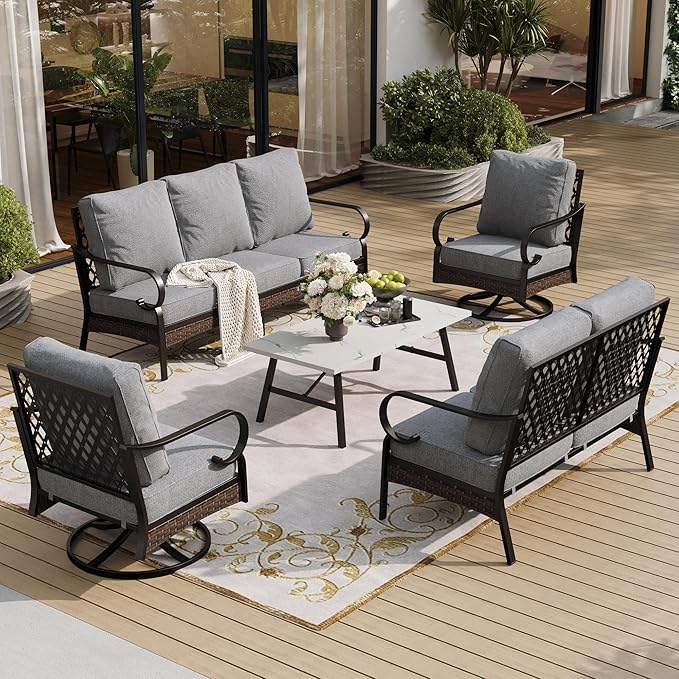 SUNSHINE VALLEY 5 Piece Metal Outdoor Patio Furniture Set, Patio Conversation Sets 1 3-Seater Sofa, 2-Seater Sofa, 2 Swivel Sofa with 5.75" Thick Cushion & Coffee Table Black Backyard Furniture, Gray