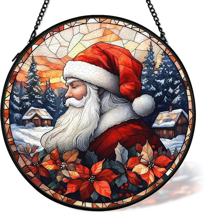 cvjutf Christmas Santa Suncatcher Stained Glass Window Hanging Decor, Farmhouse Winter Xmas Santa Stained Glass Wall Decor, Christmas Garden Sun Catchers Indoor Window Hanging Wall Art Lawn, 7.9x7.9In