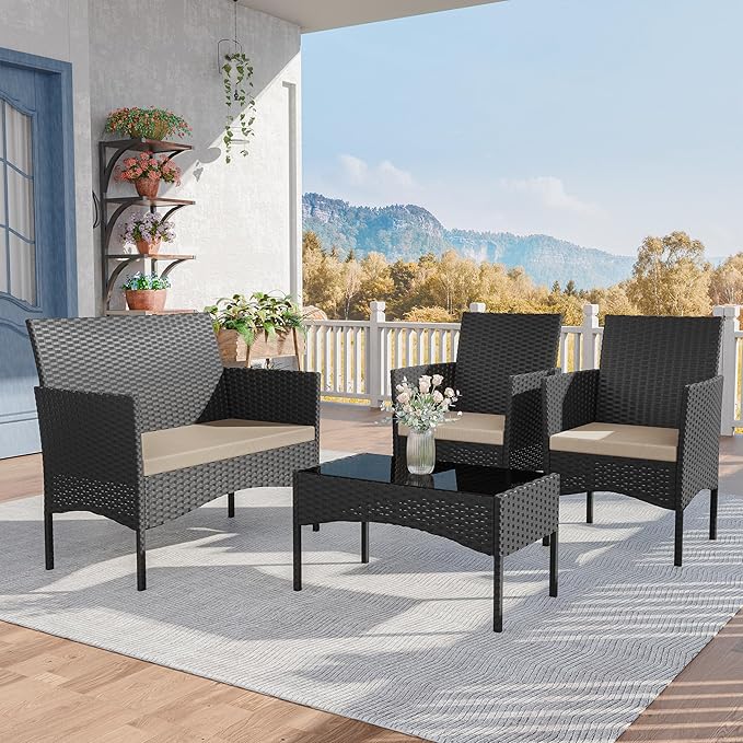Kurapika Patio Furniture Set 4 Pieces Outdoor Wicker Rattan Chairs Conversation Sets w/Coffee Table, Rocking Bistro Set, for Patio Lawn Backyard (Sand)