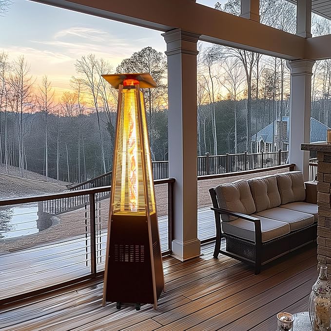 48,000 BTU Flame Pyramid Pool Heater With Cover, Triple Safety Protection Portable Patio Heater with Patio Cover, Warm Glass Tube with Durable Wheels-Brown