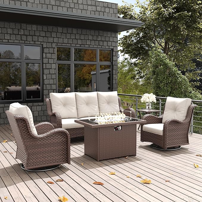 LayinSun 5 Pieces Outdoor Patio Furniture Set with Fire Pit Table, Rattan Wicker Sectional Swivel Rocker Chairs Sets with Swivel Glider Chair and Coffee Table
