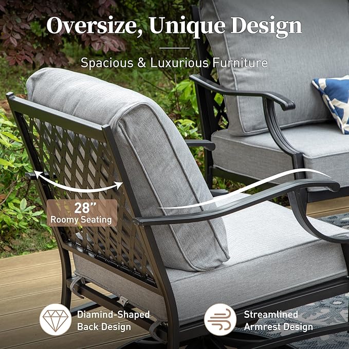 SUNSHINE VALLEY 4 Piece Metal Outdoor Patio Furniture Sets with 5000 BTU Firepit Table, Patio Conversation Sets 1 3-seater Sofa, 2 Swivel Chair with 5.75" Thick Cushion, Black Backyard Furniture, Gray