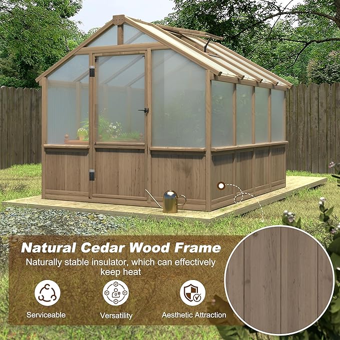 VEIKOU 8’x8’ Greenhouses for Outdoors, Walk-in Wood Greenhouse with Cedar Frame & Adjustable Vents, Garden Green House with 6MM Thick Polycarbonate Panel for Outside, Backyard, Light Brown Mocha