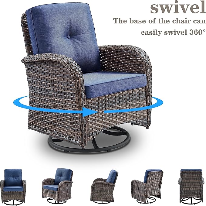 Patio Furniture Swivel Glider PE Wicker Chairs, Outdoor Swivel Rocker Seating with Cushions for Porch Deck Balcony, Brown Wicker Blue Cushion
