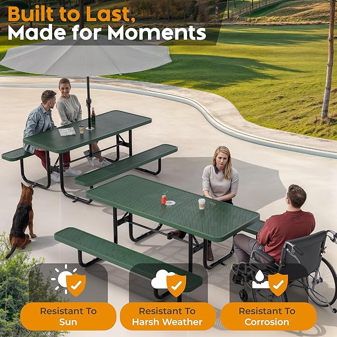 Commercial Heavy-Duty Metal Picnic Table - ADA Compliant, Adjustable Seats, Umbrella Hole (Green, 6' Rectangular, Punched Steel)