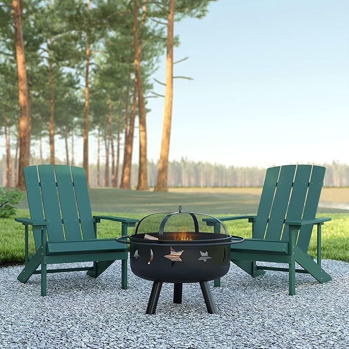 EMMA + OLIVER Campfire Set - Two Green Poly Resin Adirondack Chairs - 29" Star and Moon Fire Pit with Mesh Cover - Weather Resistant - Wood Burning Fire Pit