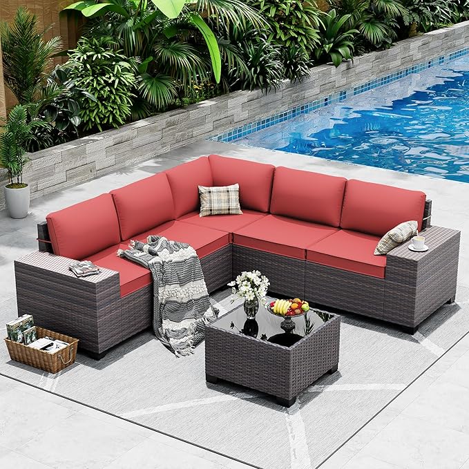 Outdoor Patio Furniture Set, 6 Pieces Outdoor Sectional Furniture High Backrest Patio Sofa, All-Weather PE Rattan Patio Conversation Set with Coffee Table & Cushions-Red.