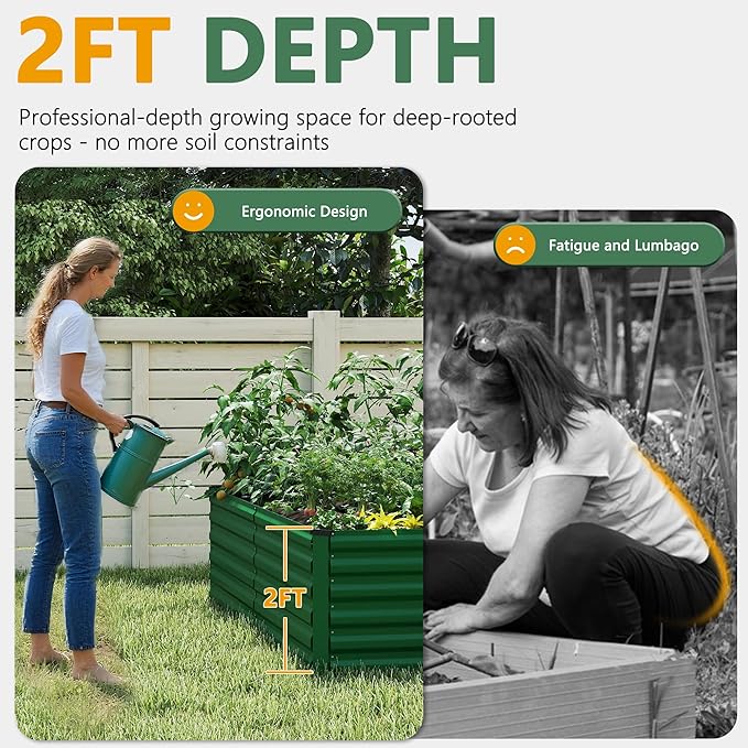 FOOWIN 2pcs 8x4x2ft Galvanized Raised Garden Bed, Planter Raised Garden Boxes Outdoor, Large Metal Raised Beds for Gardening, Garden Bed for Vegetables, Flowers, Herb,478 Gallon Capacity, Green