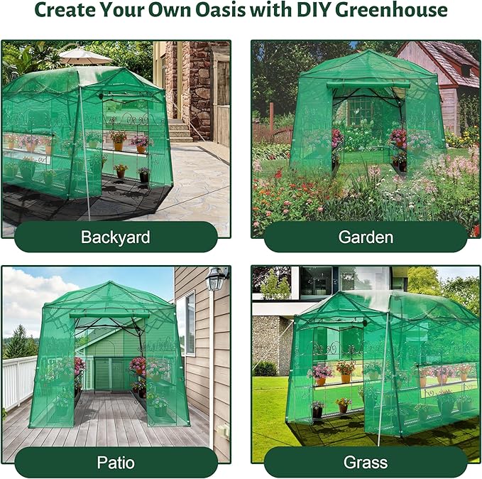 8.5 x 7 ft Large Walk-in Pop-Up Greenhouse, Portable Plant Tent with 4 Zipper Doors & 3 Height Adjustments, Heavy-Duty PE Cover for Outdoor/Indoor Use in All Weather