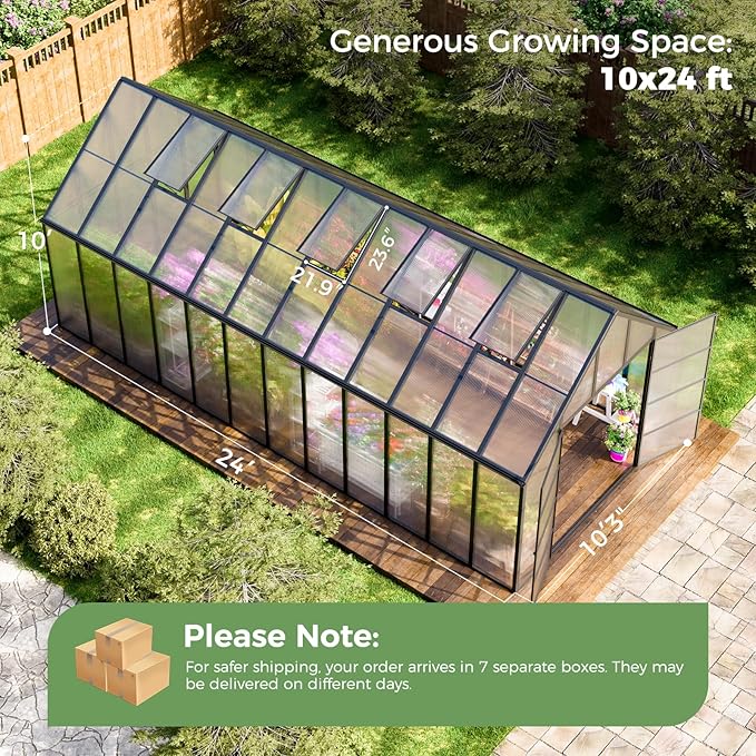 24x10x10 FT Outdoor Greenhouse, Large Thicker Aluminum Polycarbonate Kit, 5 Vent Windows, Swing Door, Walk-in, for Sunroom, Patio, Backyard