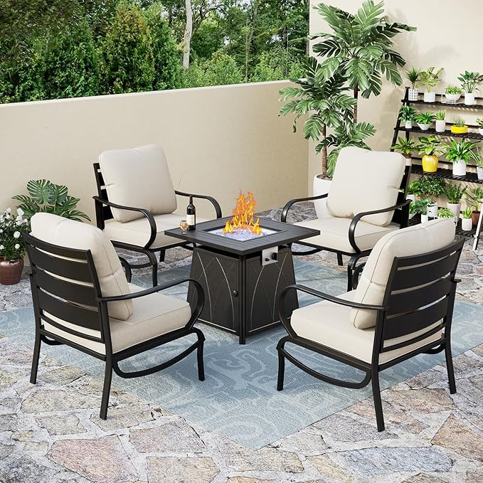 PHI VILLA 5 Piece Patio Furniture Set with 28" Firepit Table, 4 Outdoor 5.75" Cushioned Metal Frame Sofa Chairs & 28" Gas Firepit Table, Outside Furniture Set for Lawn Garden