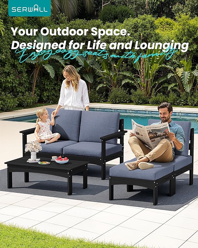 SERWALL 5-Piece Patio Sofas, All-Weather HDPE Outdoor Sectional Sofa with Cushions and Coffee Table, Large Modular Patio Conversation Set for Garden, Lawn, Deck, Porch, Black Frame with Grey Cushion